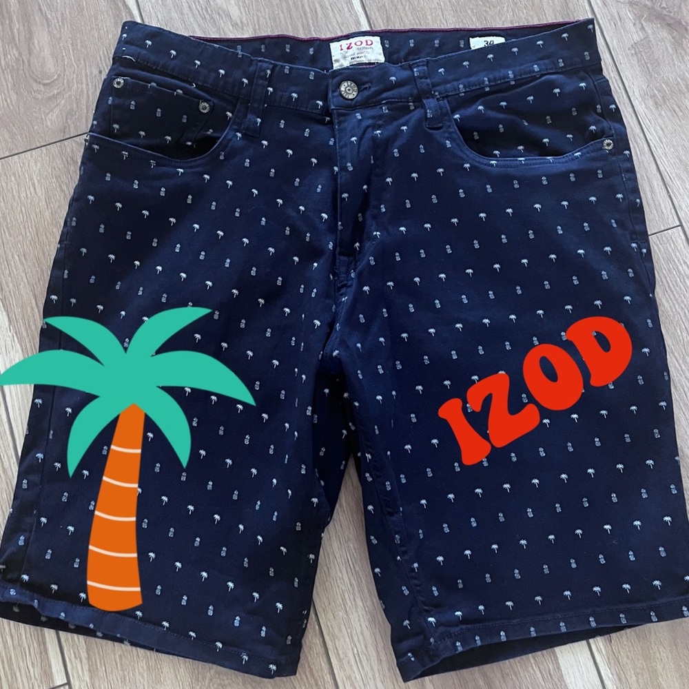 🌿 IZOD Dark Navy  Saltwater Men's Sz: 34 Palm Tropical Cotton Shorts